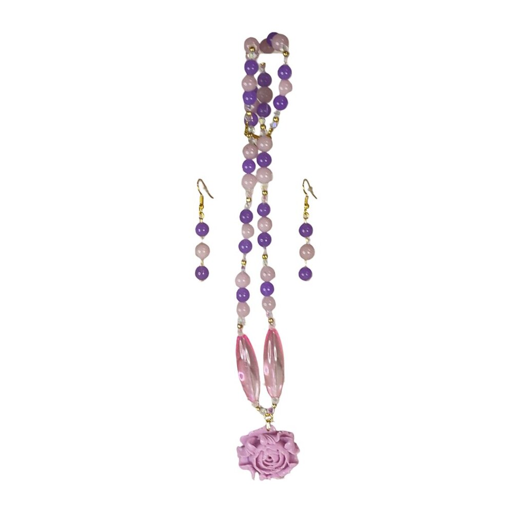 Purple, Pink, and Gold Necklace and Earrings Set Rose Excellent Condition
